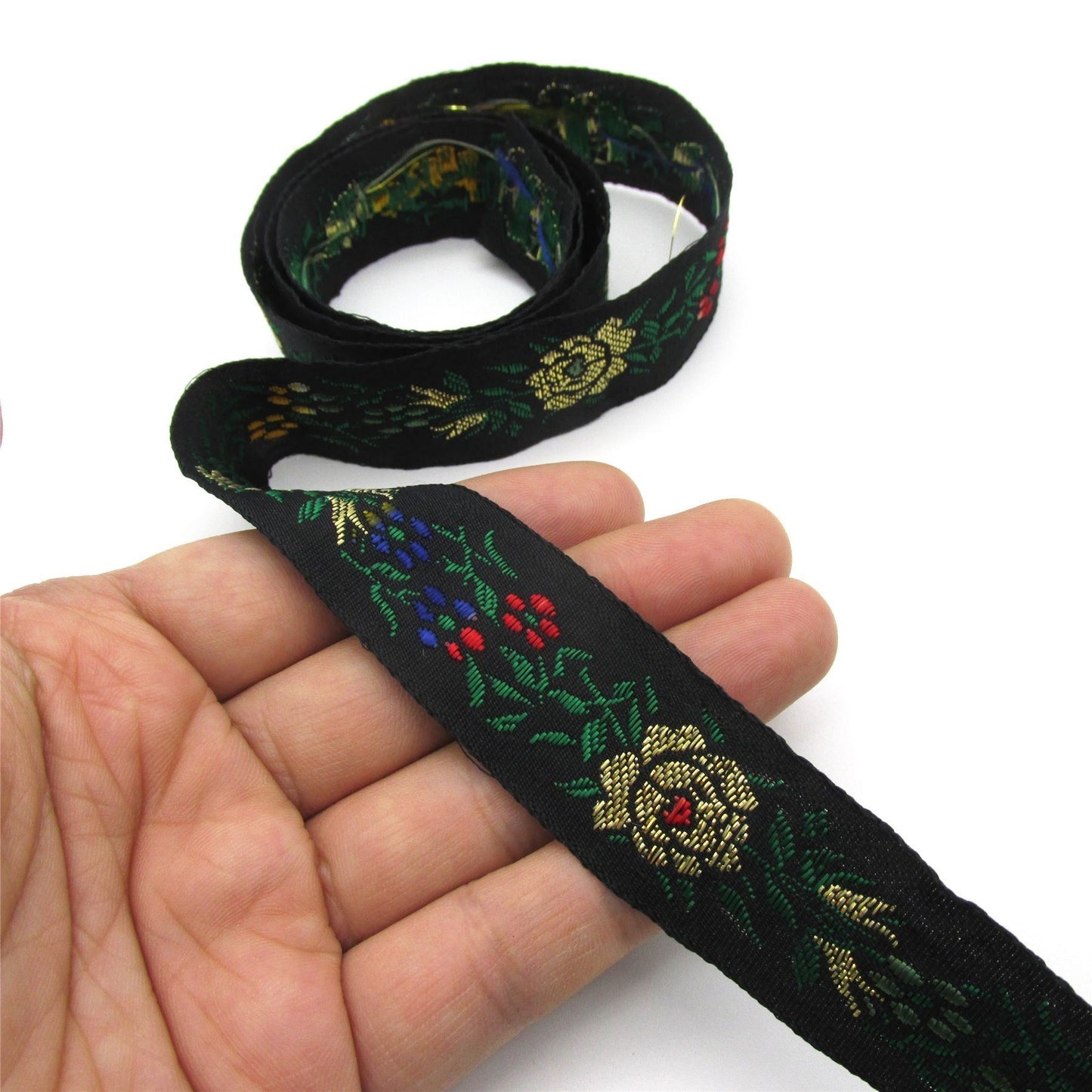 Braid With Flower And Gold Rose Black Gold 20mm x1m - 7333