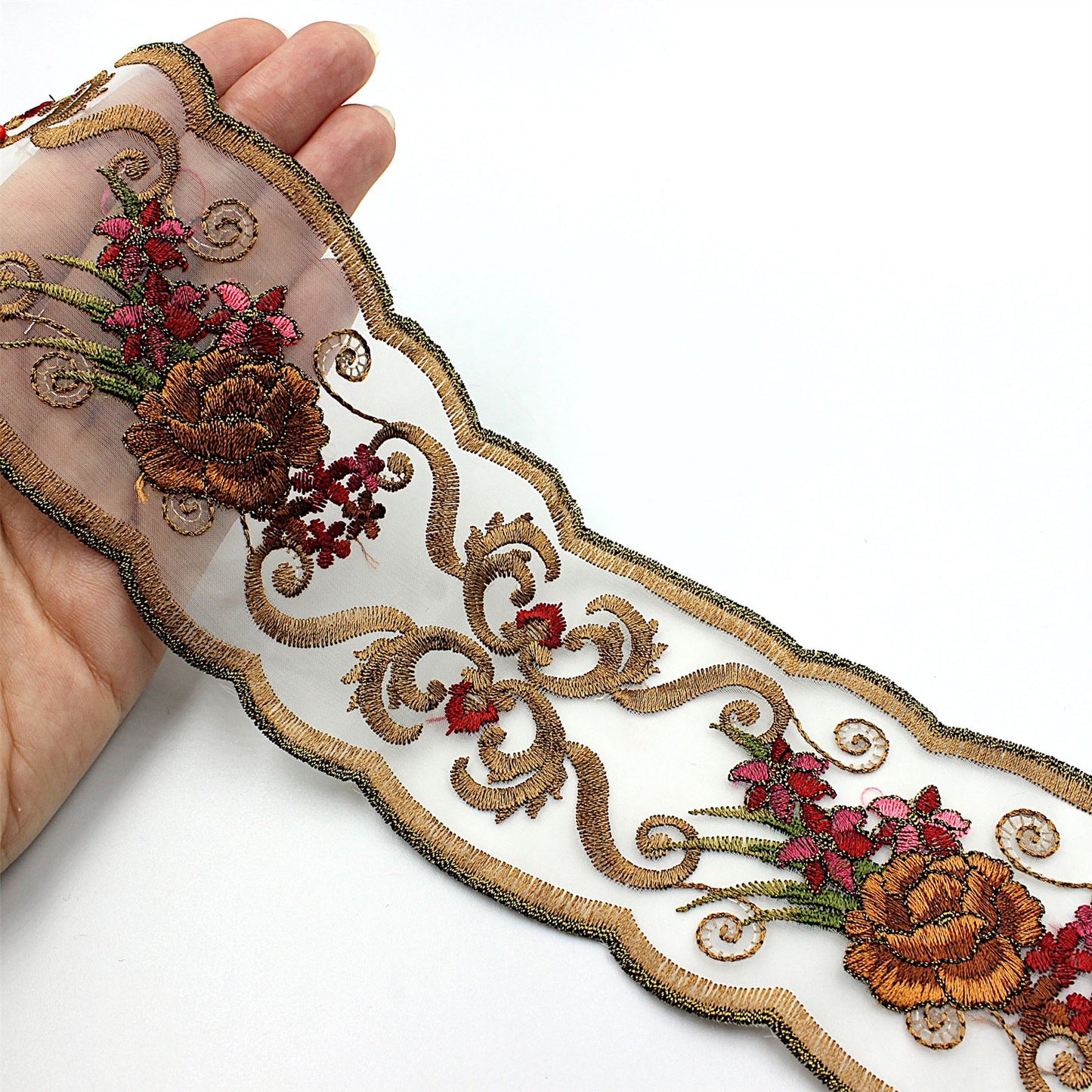 Sheer Braid With Embroidered Flowers Brown 70mm 5331