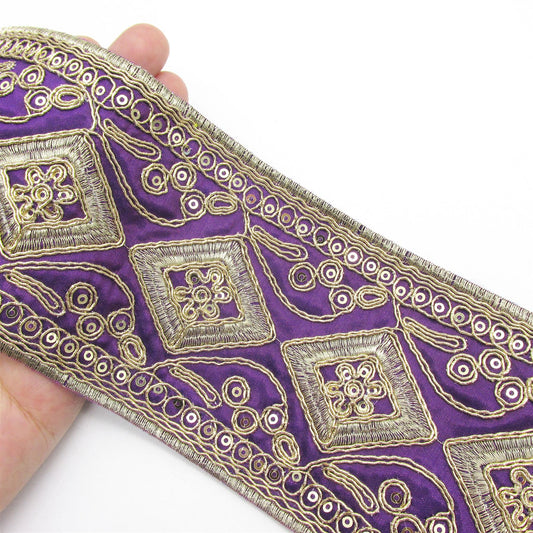 Gold Embroidered Ribbon With Sequins 85mm 7605