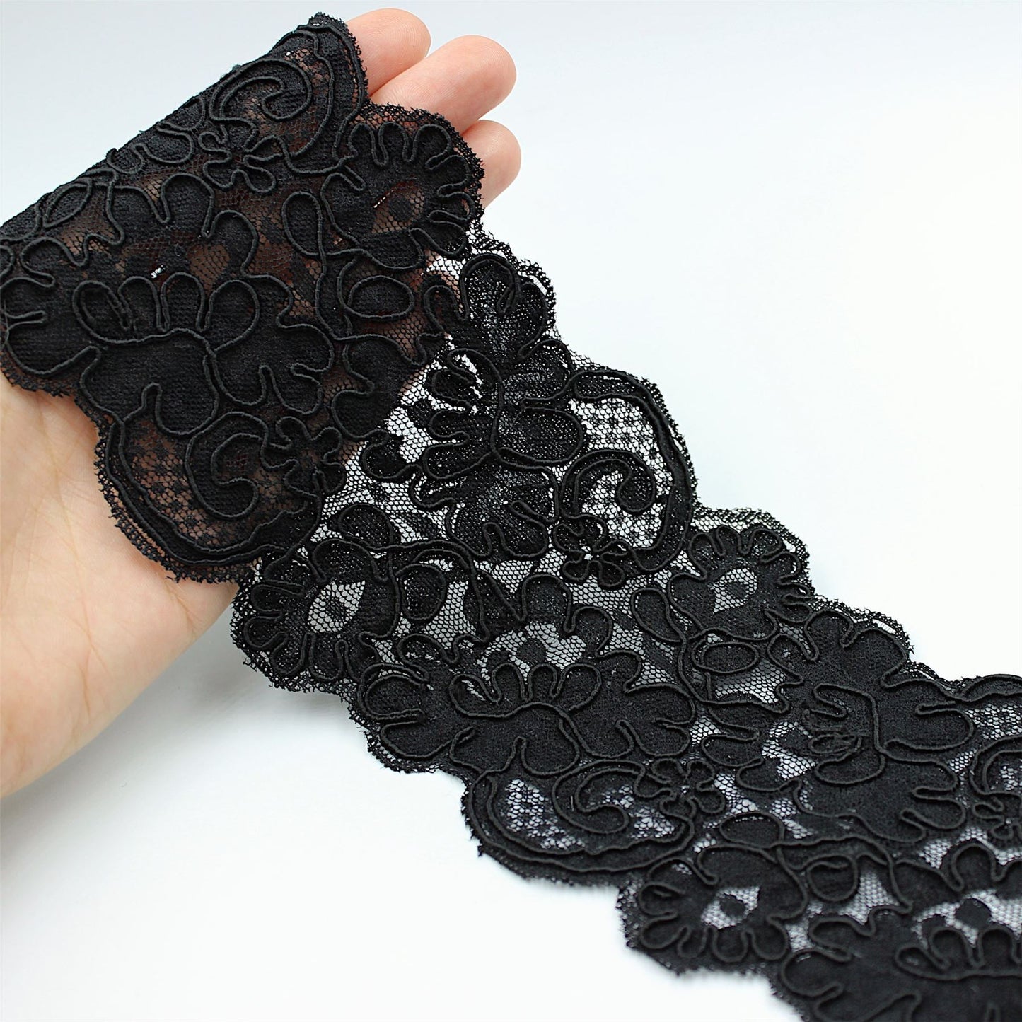 Wide Corded Lace Black 90mm x1m - 7253