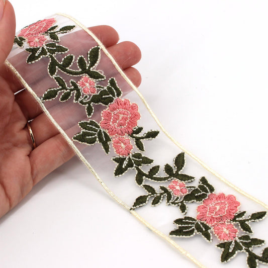 Sheer Braid With Embroidered Pink Roses 50mm x1m - 5537