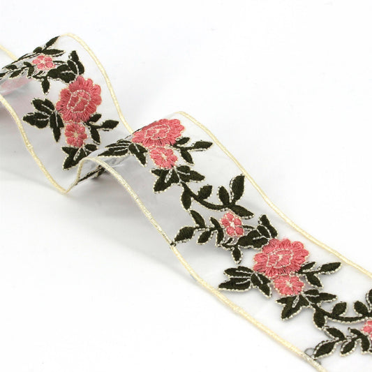Sheer Braid With Embroidered Pink Roses 50mm x1m - 5537