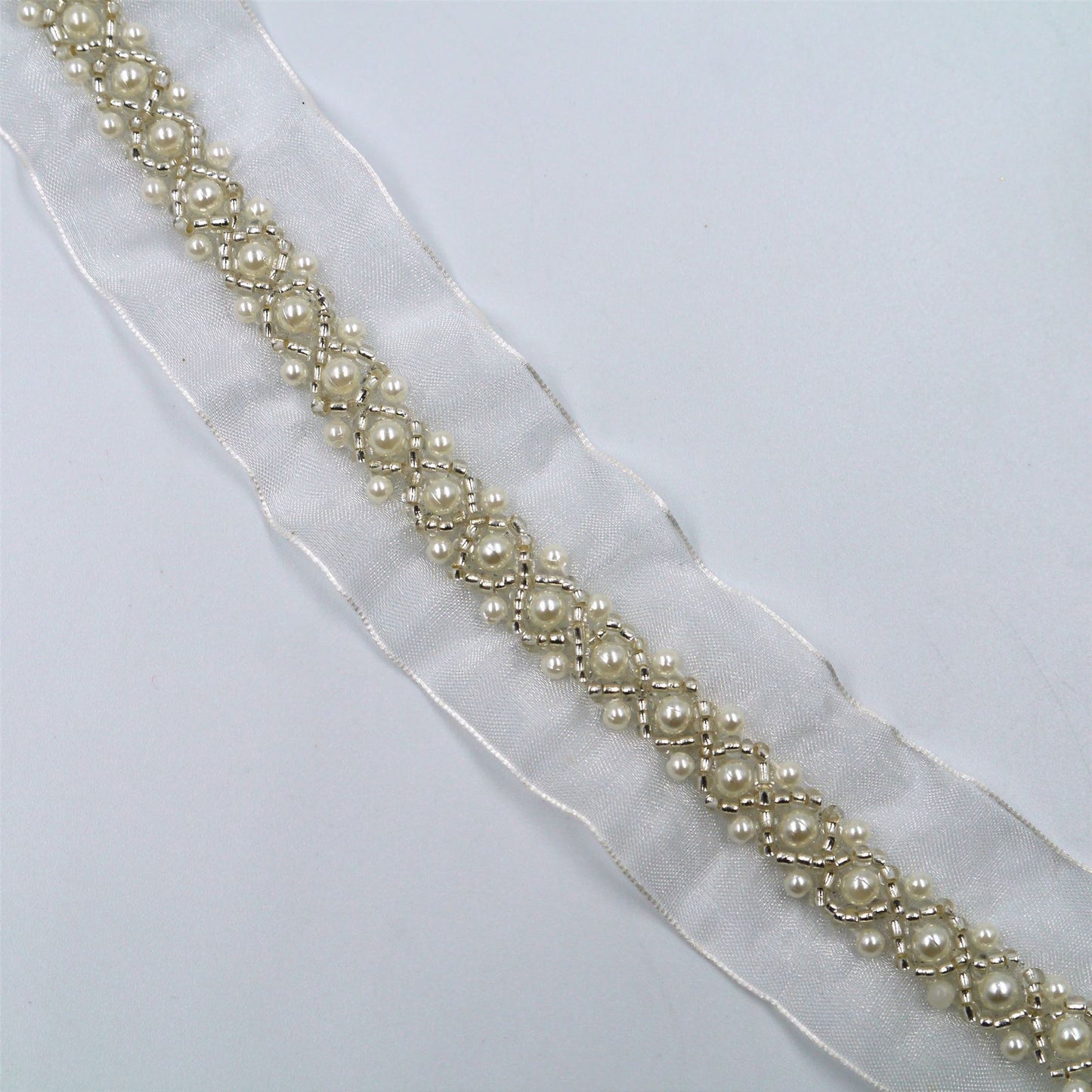 Organza Beaded Braid With Faux Pearls Ivory 32mm x1m - 6485
