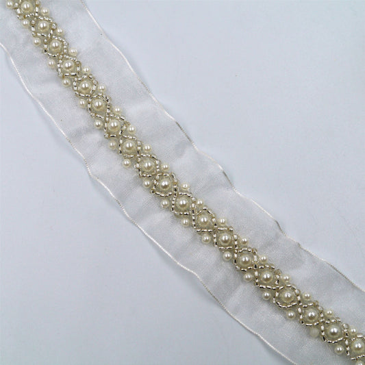Organza Beaded Braid With Faux Pearls Ivory 32mm x1m - 6485