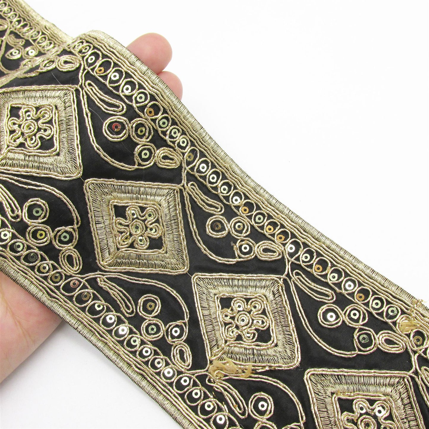 Gold Embroidered Ribbon With Sequins 85mm 7605