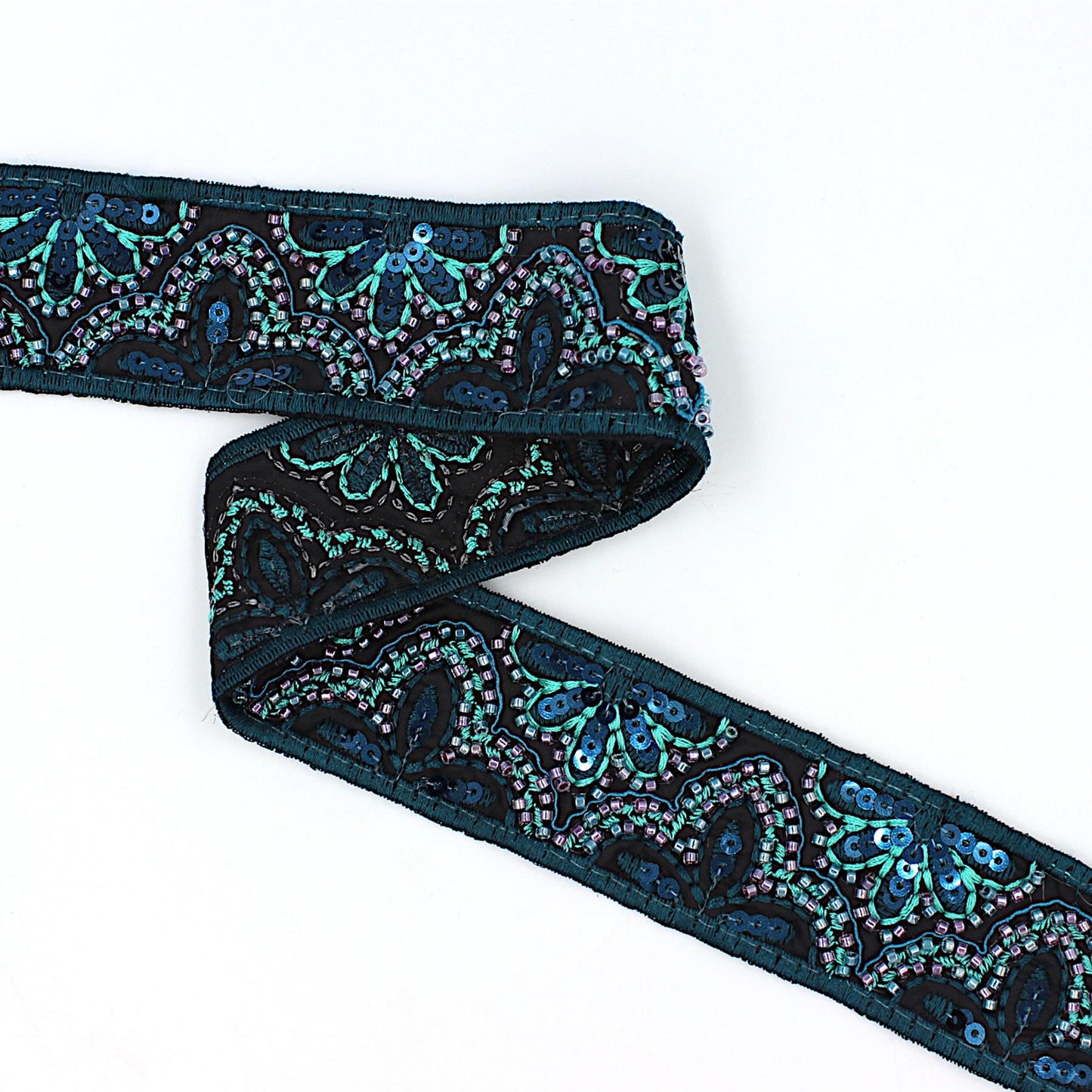 Sequin Beaded Floral Braid - Teal - 42mm x 1m - 5547