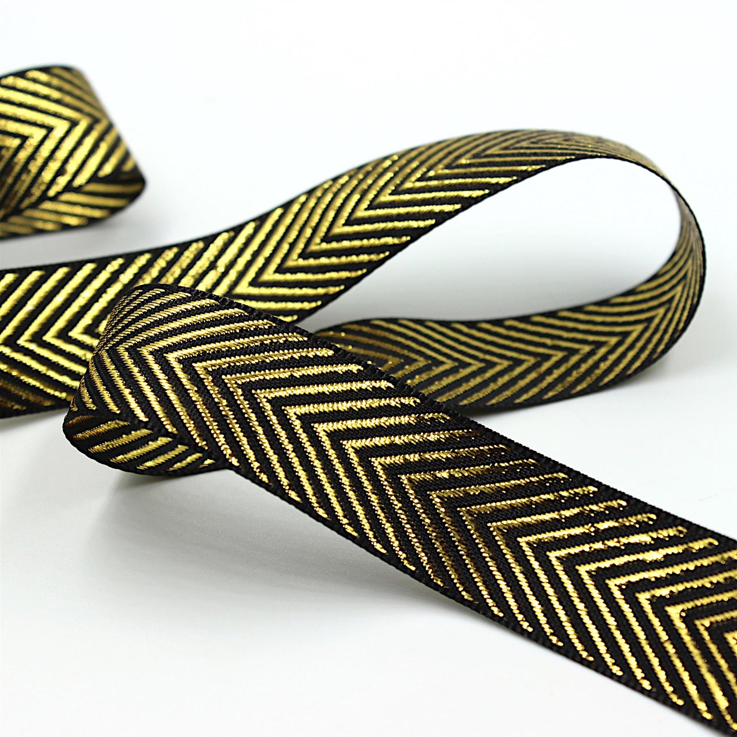 Metallic Chevron Ribbon Black Gold 24mm  x1m - 5493