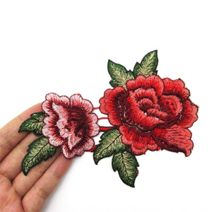 Embroidered Two Flower Motif RED 15cm 7564