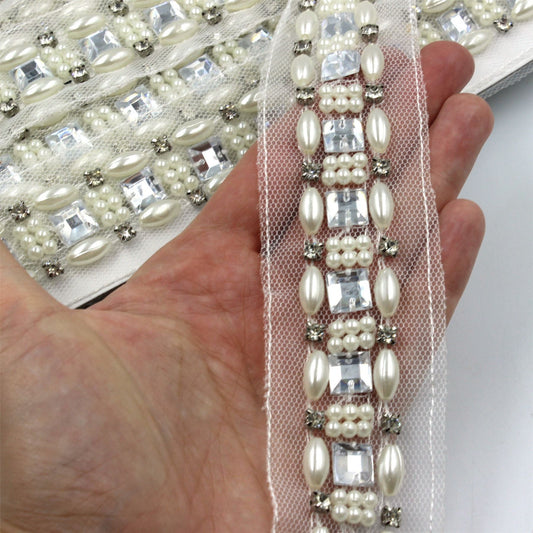 Diamante And Faux-Pearl Beaded Trim White 40mm x1m - 6487