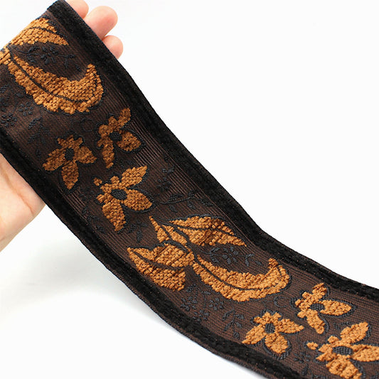 Wide Brocade With Chenille Flowers Brown 80mm x1m - 8116