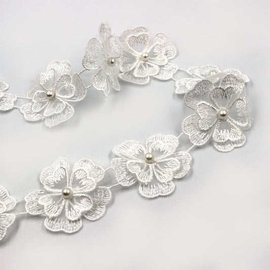 Flower Tulle Lace Trim With Pearl White 46mm x1m - 5528