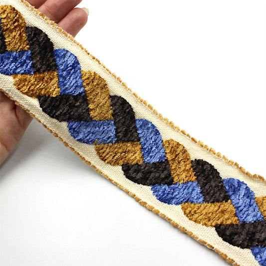 Vintage Braid Chenille Centre Brown Blue 55mm x1m - 5332