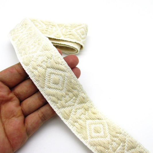 Polycotton Geo Diamond Pattern Braid Cream 38mm x1m - 6127