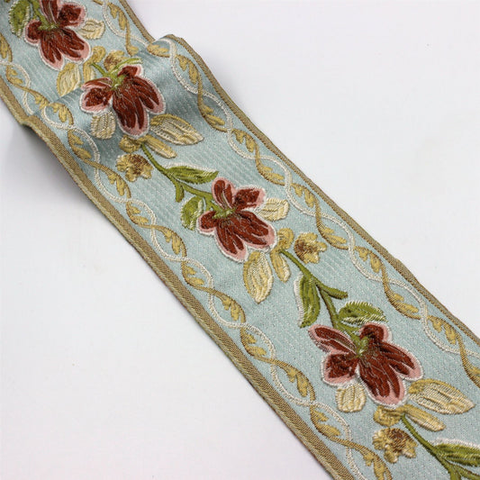 Floral Bordered Jacquard Braid Blue Rust 90mm x1m - 6189
