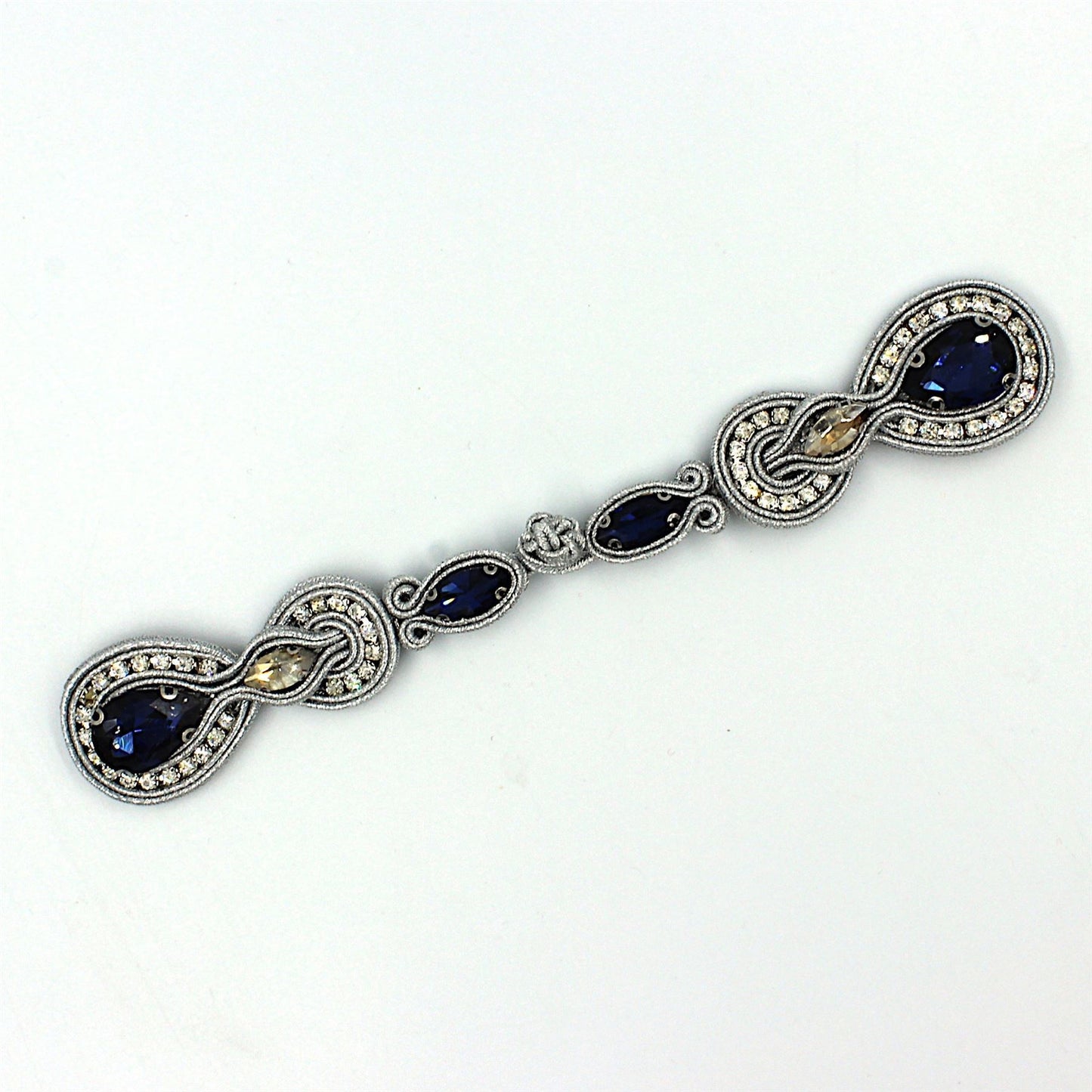 Ornate Jewelled Frog Fastening Silver Blue 16cm - 6171
