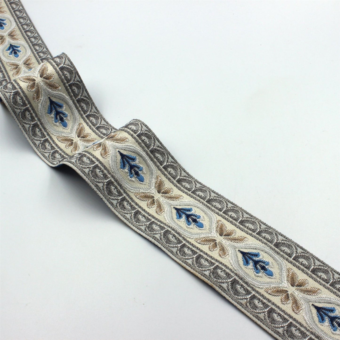 Floral Jacquard Braid with Border Grey Blue 55mm x1m - 6162