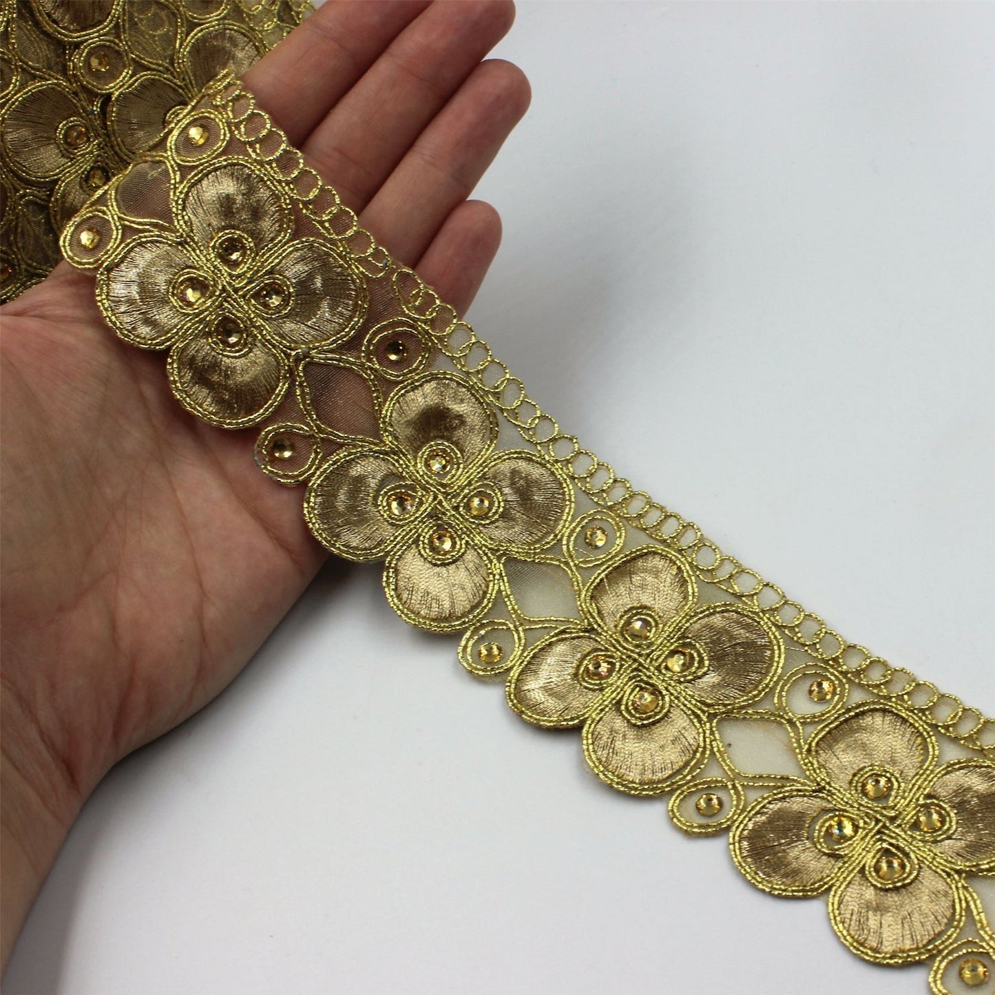 Floral Metallic Braid with Gems Gold 50mm x1m - 6851