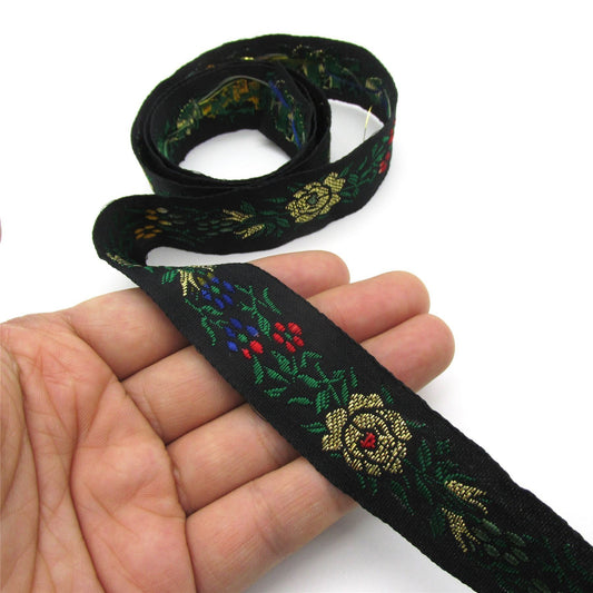 Braid With Flower And Gold Rose Black Gold 20mm 7333