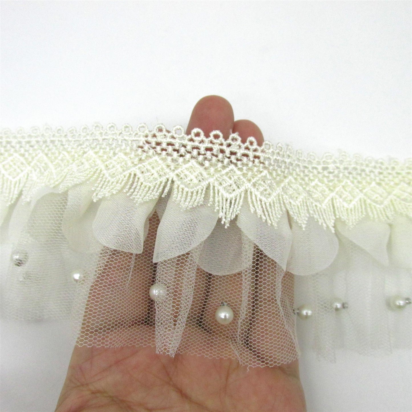 Lace with Gathered Net and Pearl Beads - 70mm - by the metre - 5420