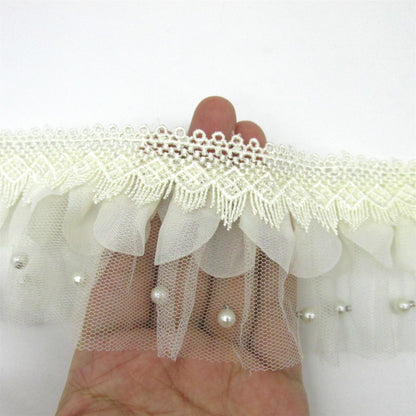 Lace with Gathered Net and Pearl Beads - 70mm - by the metre - 5420