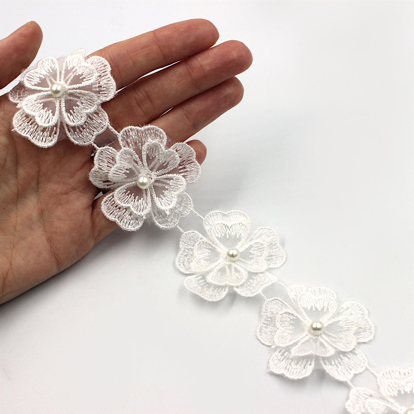 Flower Tulle Lace Trim With Pearl White 46mm 5528