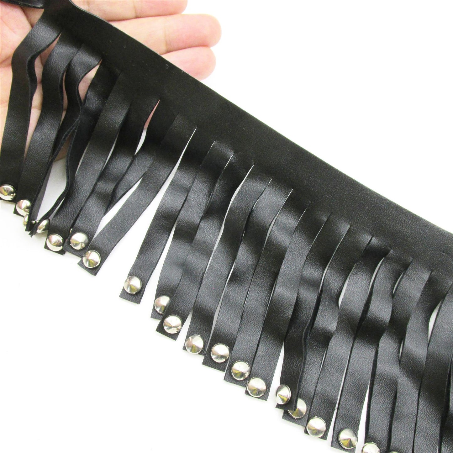 Faux Leather Fringe with Studs - Black - 17cm - by the metre - 7671