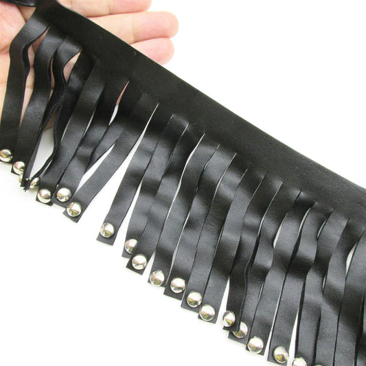 Faux Leather Fringe With Studs Black 17cm 7671