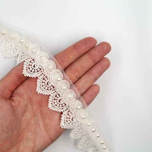 Guipure Lace Trim Organza And Pearls IVORY 38mm 6490