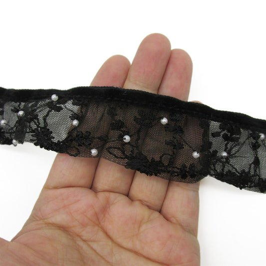 Beaded Lace on Velvet Ribbon - 35mm - by the metre - 5399