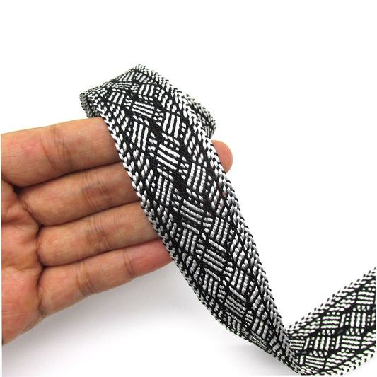 Geometric Design Woven Braid Black Silver 24mm x1m - 2040