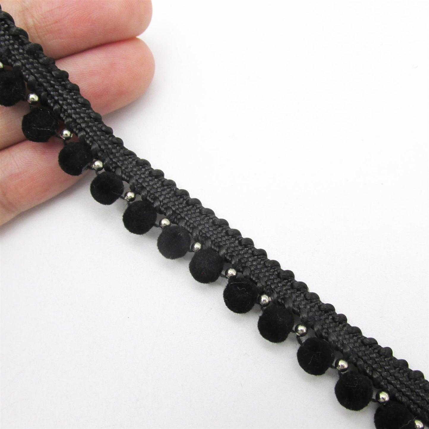 Small Velvet Bead Pom-Pom Braid - Black - 12mm - by the metre - 7501