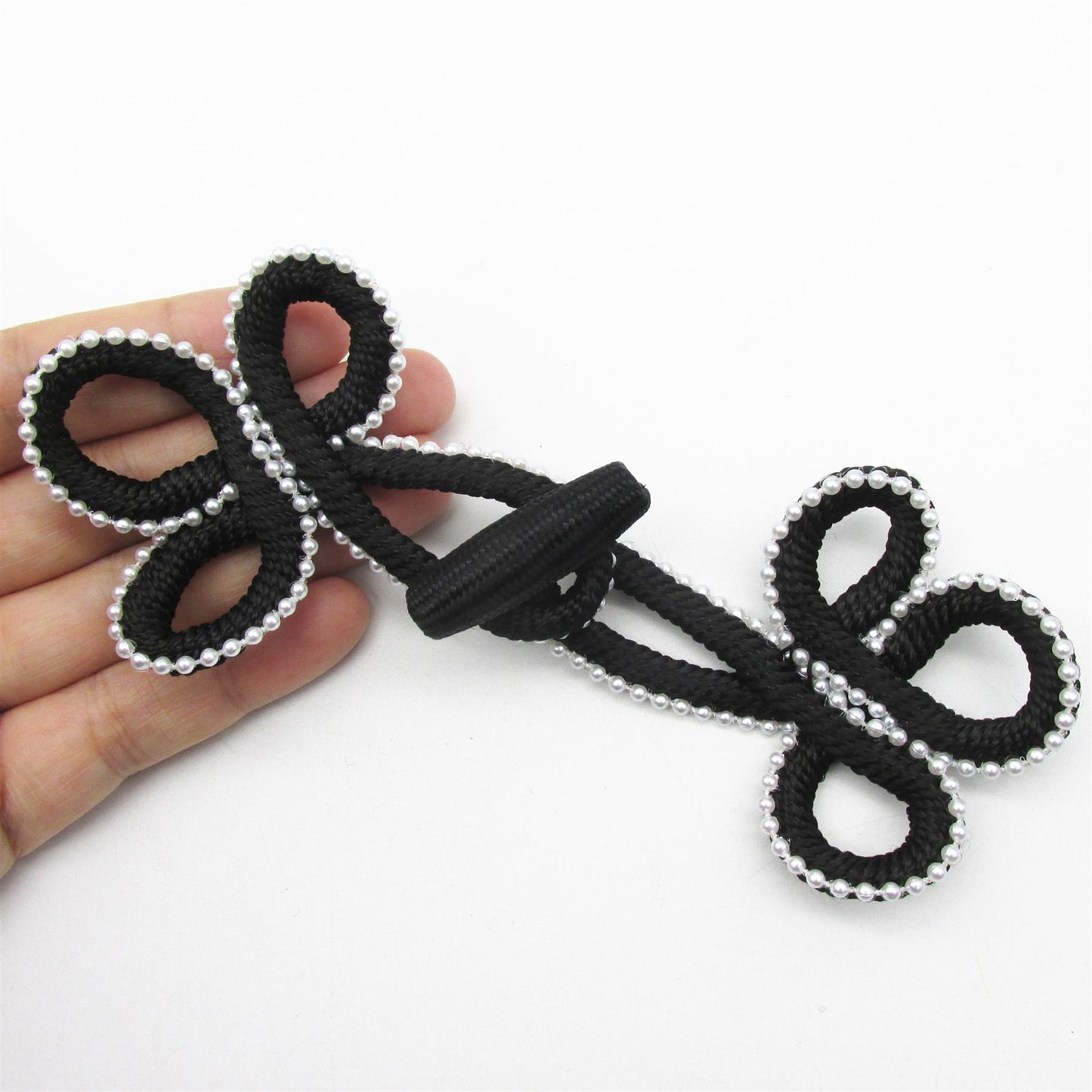 Frog Fastening with Pearl Beaded Trim - Black - 15cm - 5357