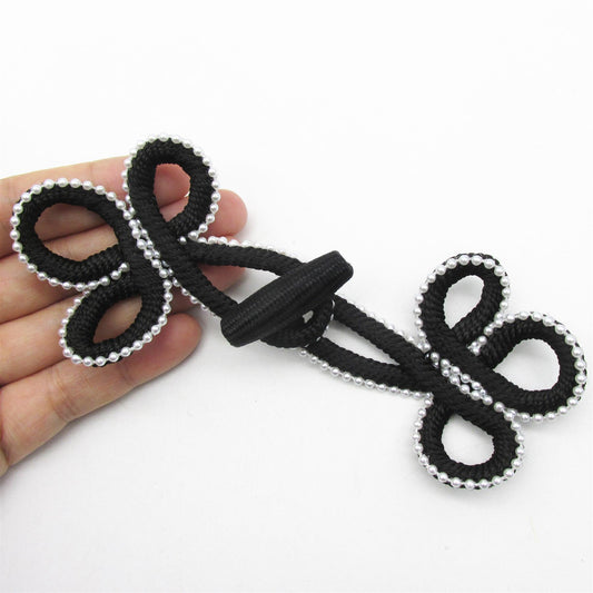Frog Fastening with Pearl Beaded Trim - Black - 15cm - 5357