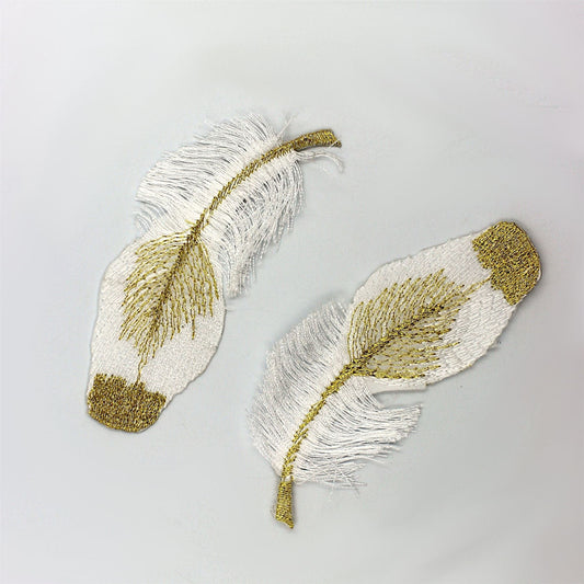 Pair Of Feather Motifs Iron On White Gold 9062