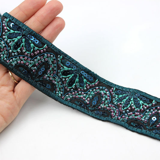 Sequin Beaded Floral Braid - Teal - 42mm x 1m - 5547