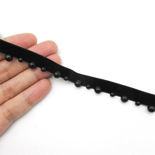 Velvet Trim with Beads - Black - 10mm - by the metre - 9280