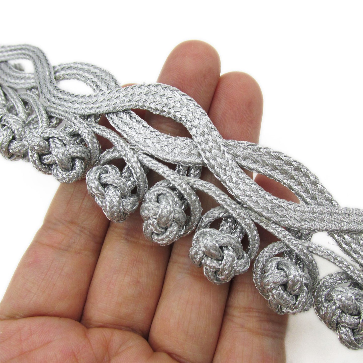 Metallic Cord Loop And Knot Braid Silver 30mm 9918