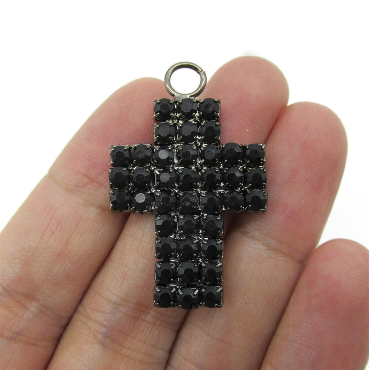 Rhinestone Cross with Looped Ring - Black - 30mm - 5292