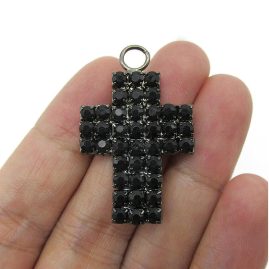 Rhinestone Cross with Looped Ring - Black - 30mm - 5292