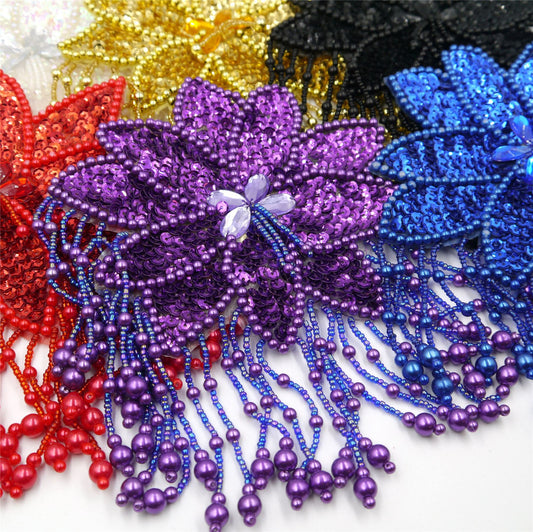 Large Sequin Flower Motif with Beaded Dangles - 19cm - 7291