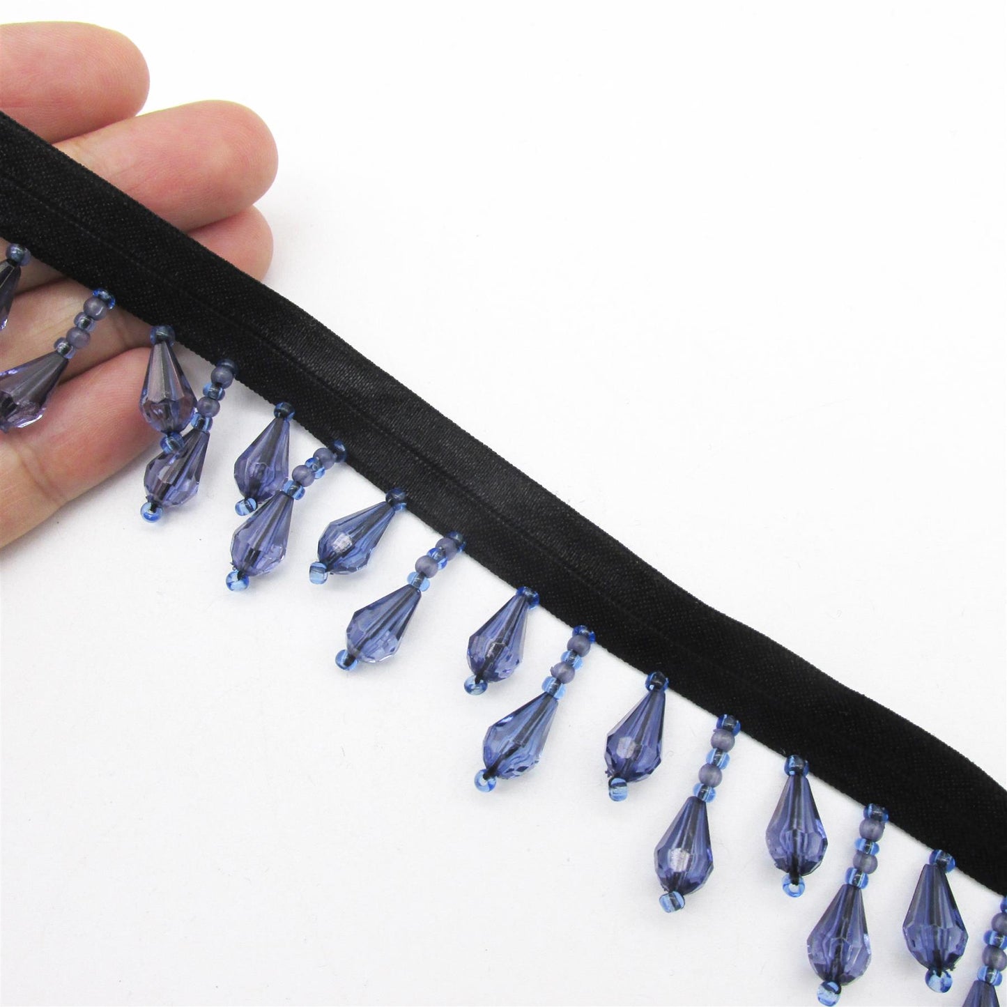 Stretch Droplet Beaded Fringe - Blue - 25mm - by the metre - 9025