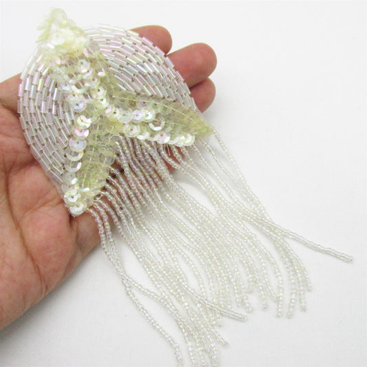 Beaded Motif with Dangling Beads - White - 16cm - 6062
