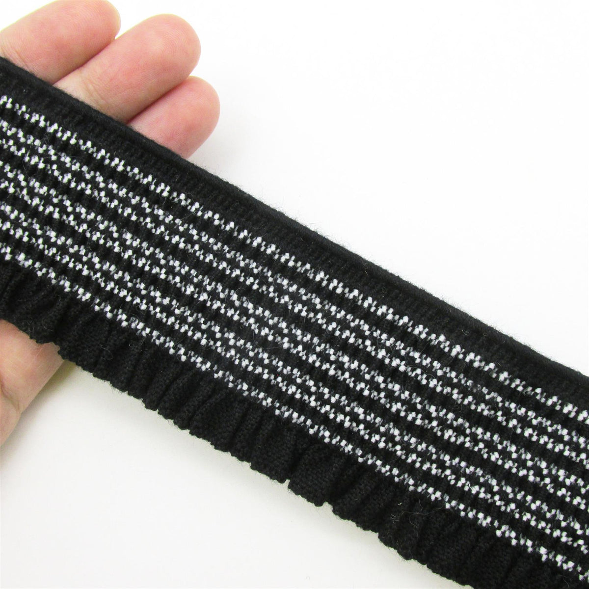Elasticated Trim with Ruched Edge - Black White - 50mm - by the metre - 0206