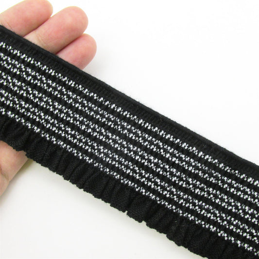 Elasticated Trim with Ruched Edge - Black White - 50mm - by the metre - 0206