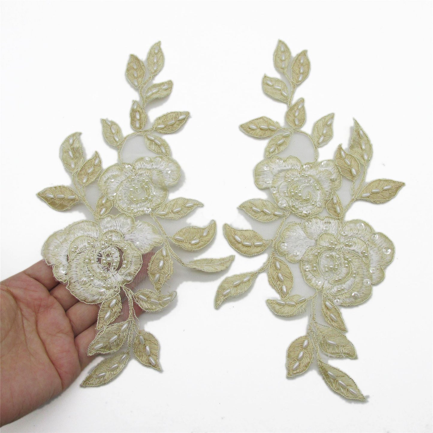 Lace and Pearl Flower Motifs - Gold Ivory - 300mm - Pair - 9638