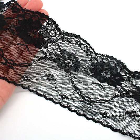 Wide Lace with Flowers - Black - 85mm - by the metre - 5411