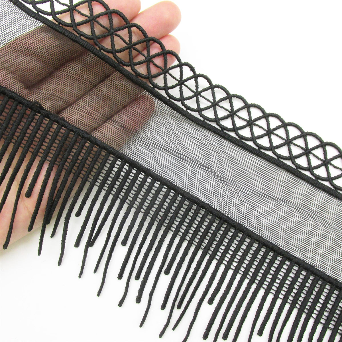 Large Fringe with Mesh Insertion - Black - 13cm - by the metre - 6870