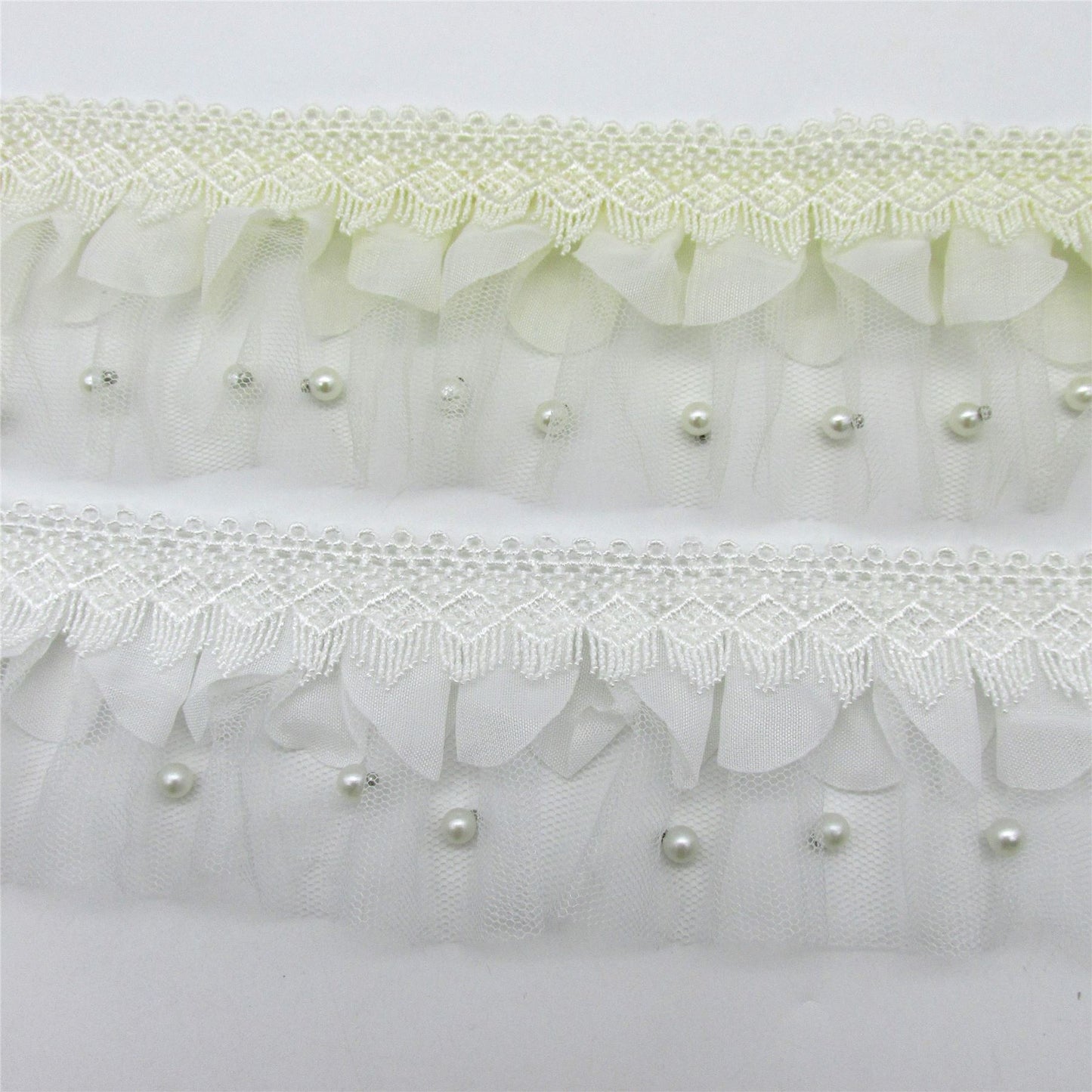 Lace with Gathered Net and Pearl Beads - 70mm - by the metre - 5420