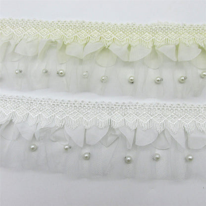 Lace with Gathered Net and Pearl Beads - 70mm - by the metre - 5420