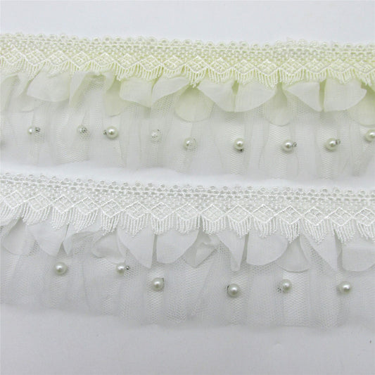 Lace with Gathered Net and Pearl Beads - 70mm - by the metre - 5420